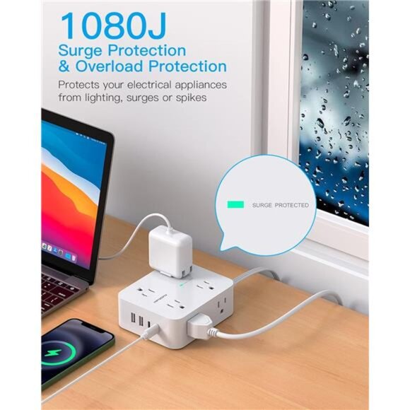 Surge Protector Power Strip, Extension Cord with Multiple Outlets, 5 Ft - Picture 6 of 8